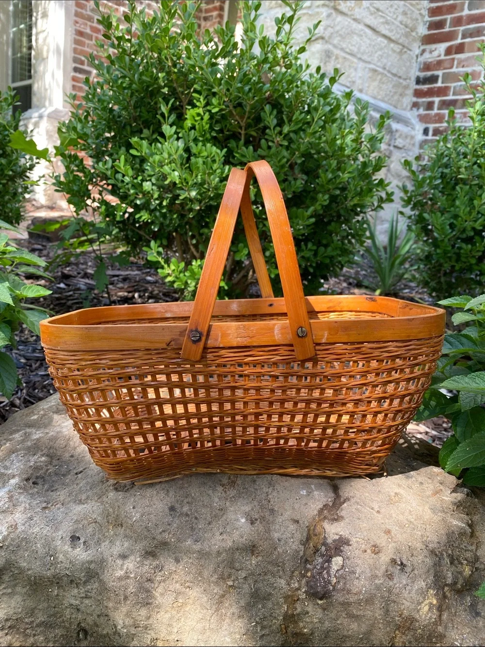 Vintage Handwoven Natural Brown Wicker Basket with Handles